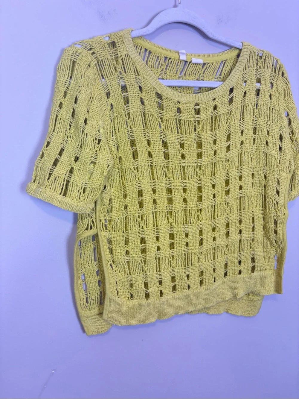 Moth Yellow Open-Weave Short Sleeve Knit Top Slit Side Medium